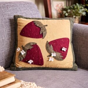 Handmade Strawberry Appliqué Throw Pillow – Removable Cover